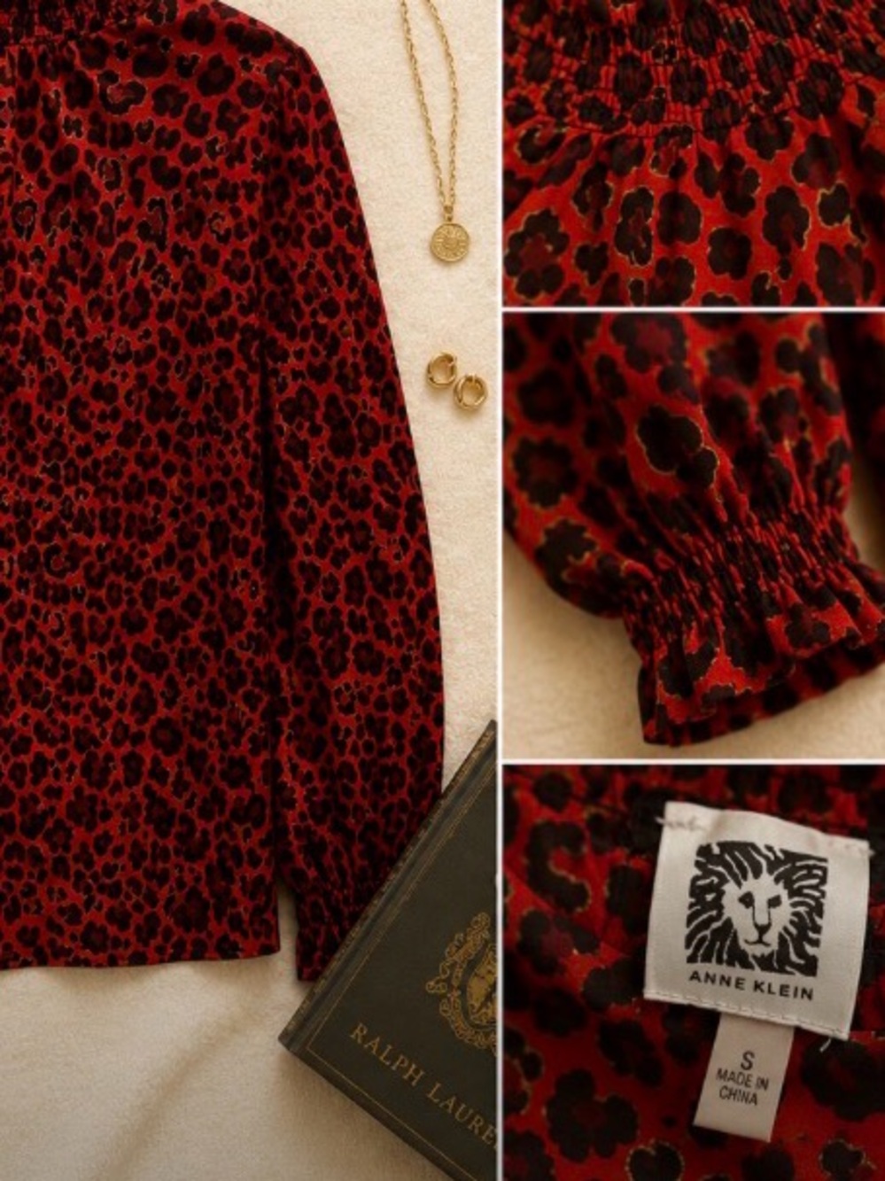 Anne Klein Red and Black Leopard Smocked Neck Long Sleeve Blouse